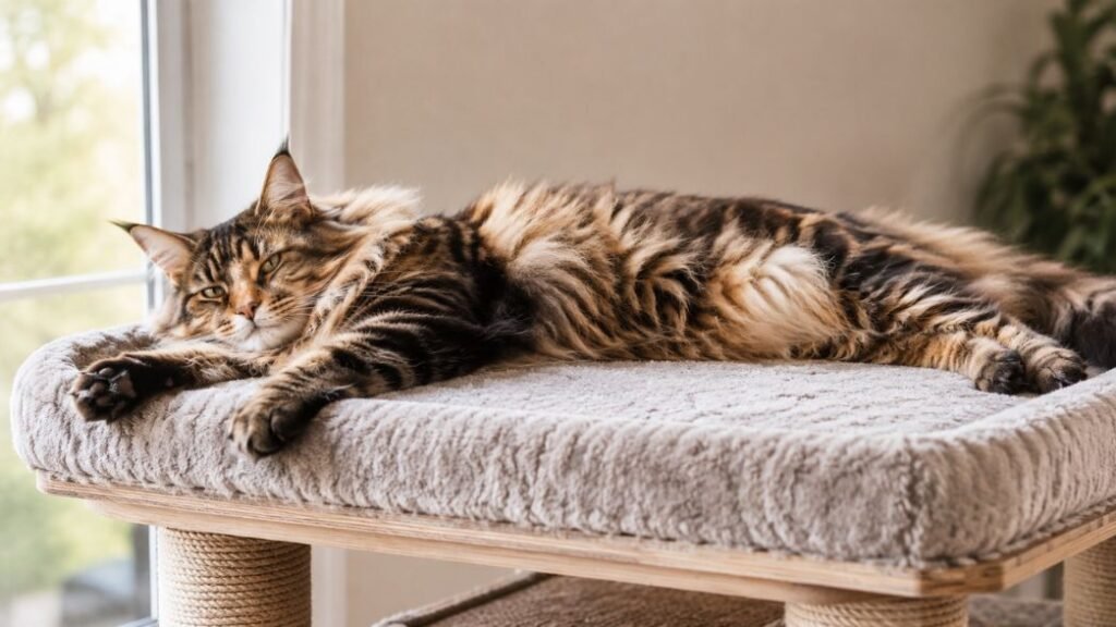 Big cat fully stretched on a wide platform