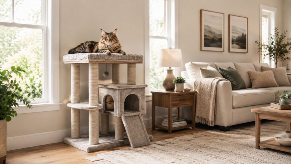 Cat tree near a wall and window