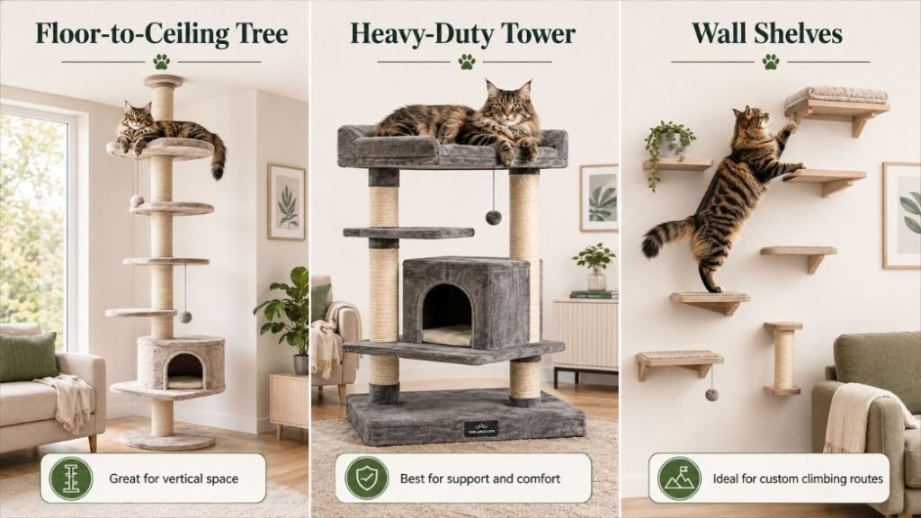 Floor-to-ceiling tree, heavy-duty tower, wall shelves