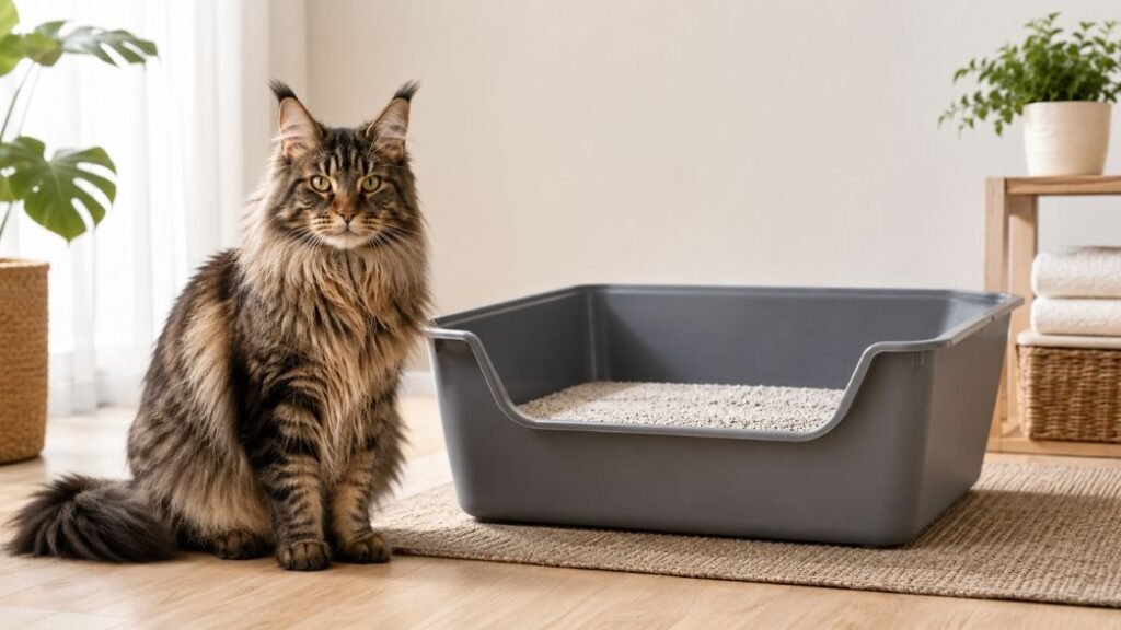 Large Maine Coon beside an extra-large litter box