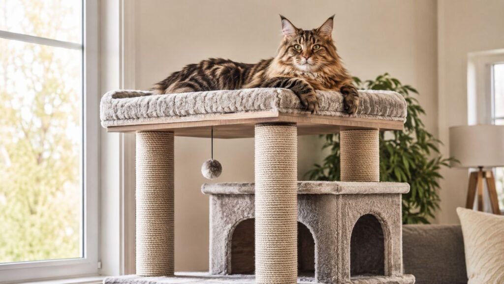 Large cat resting on a wide sturdy cat tree