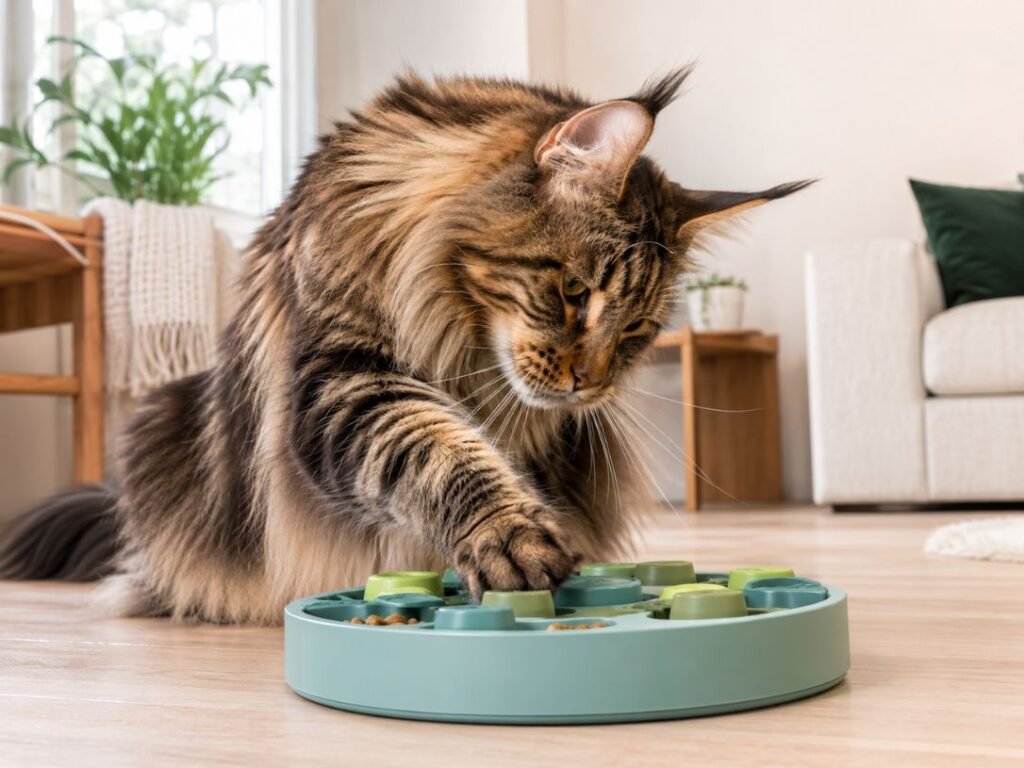 Maine Coon Cat playing with a puzzle feeder