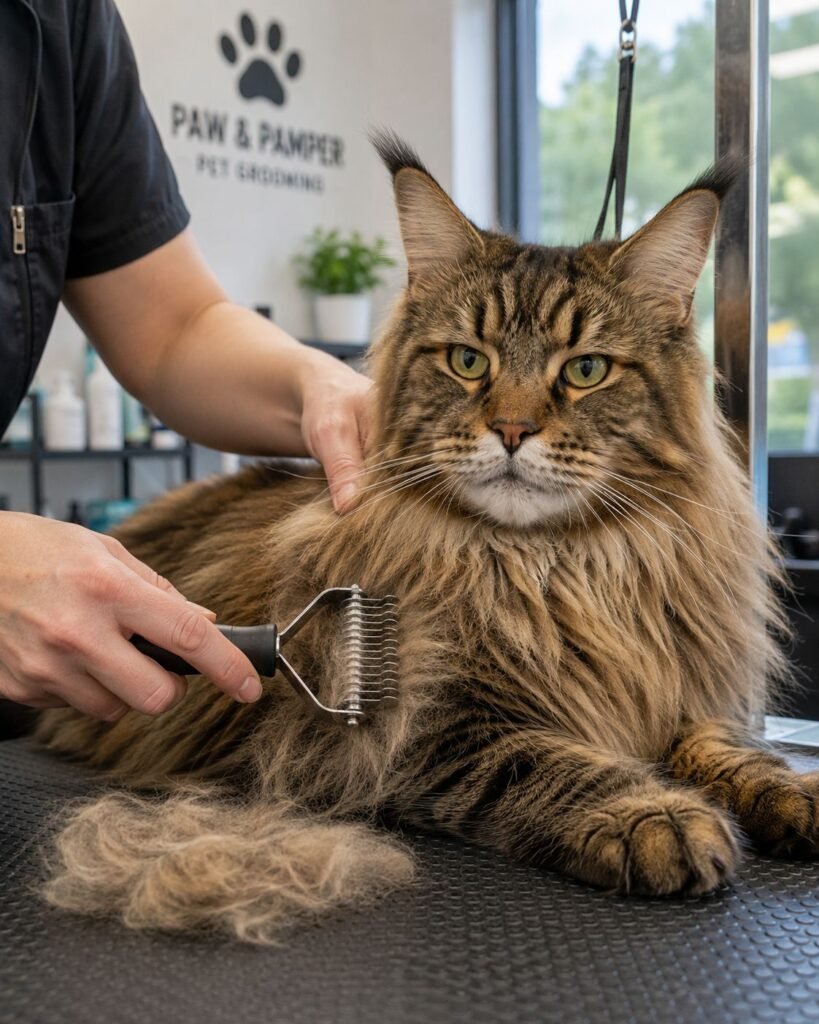 Maine Coon with Dematting Tool