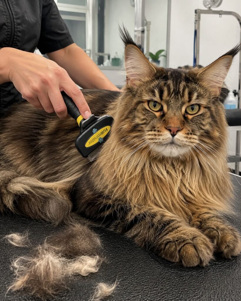 Maine Coon with Deshedding Tool
