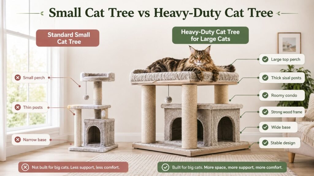 Small cat tree beside oversized heavy-duty cat tree