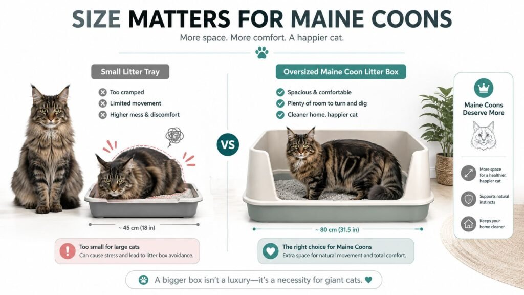 Small litter tray beside an oversized Maine Coon litter box