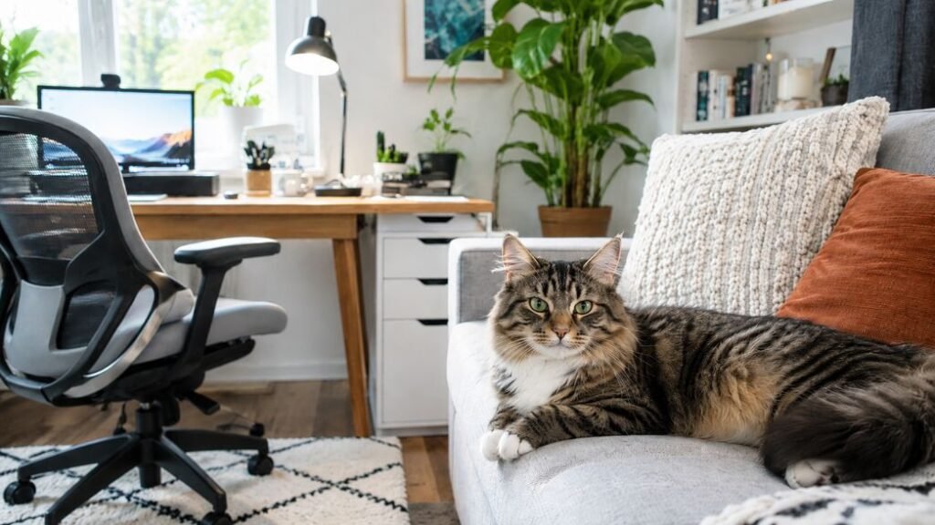 A Cat Resting Next to the Human Work Desk, Couch, With a Relaxed Posture, Looking Comfortable
