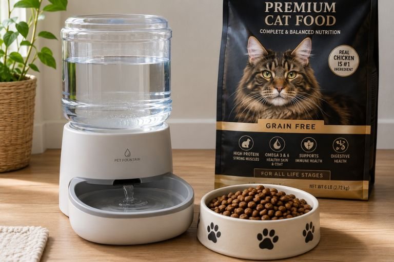 A water dispenser with premium cat food