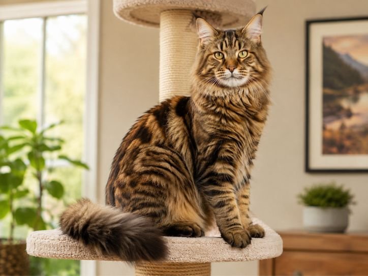 Adult Maine Coon Bengal Mix on a cat tree