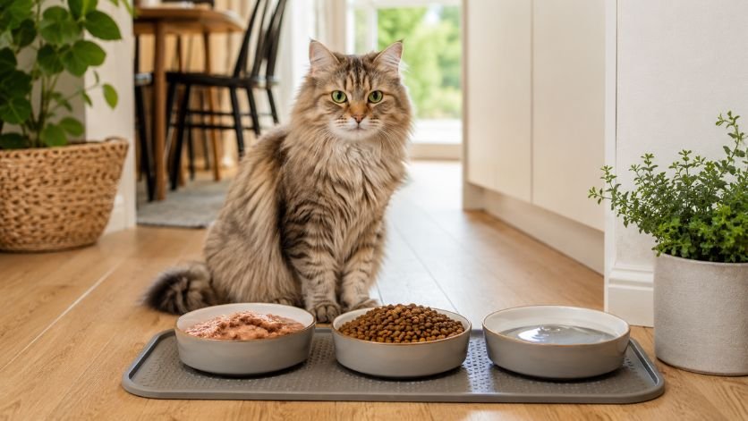Balanced meal setup showing wet food, kibble, and water bowl