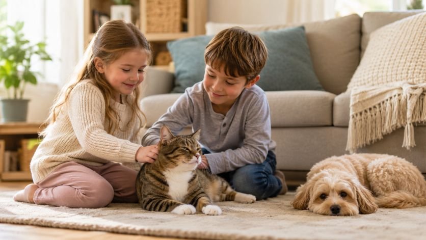Cat interacting gently with children or resting with another pet