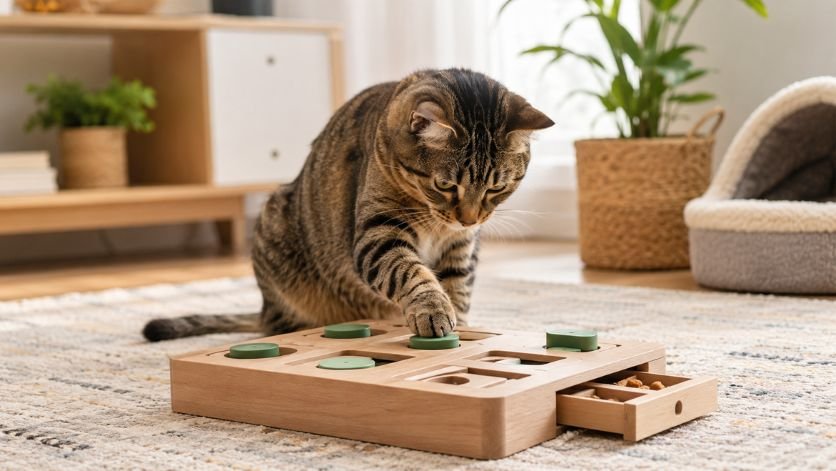 Cat with puzzle feeder or training toy