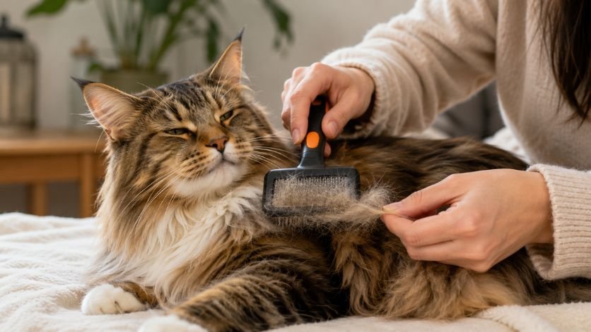 Grooming session showing brush removing Loose fur