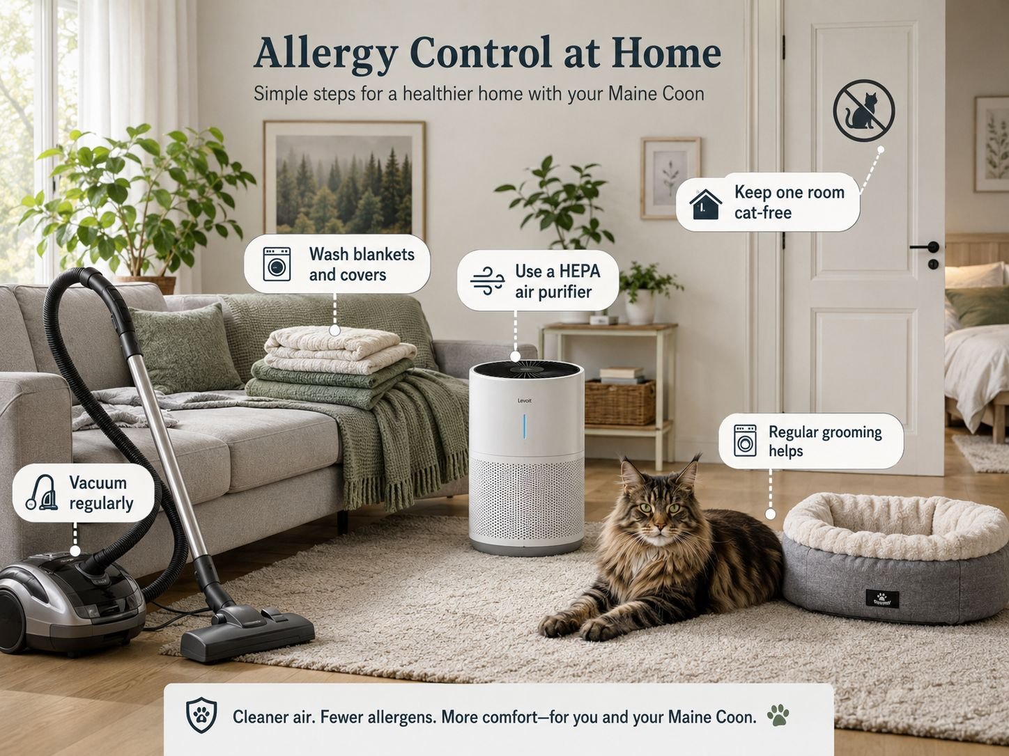 Home allergy-control setup with air purifier and vacuum cleaner