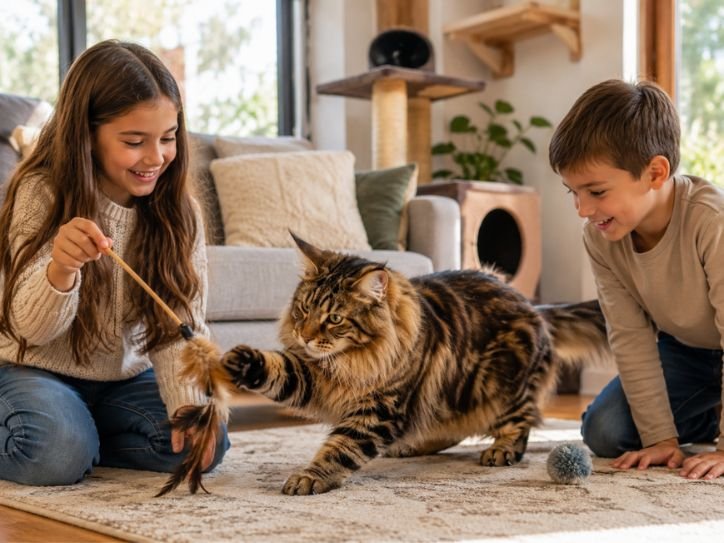 Hybrid cat playing with children