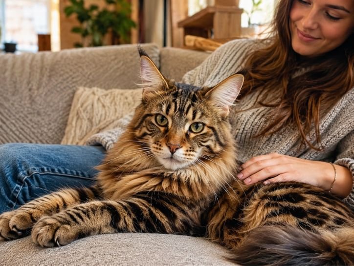 Hybrid cat resting beside its owner on a couch