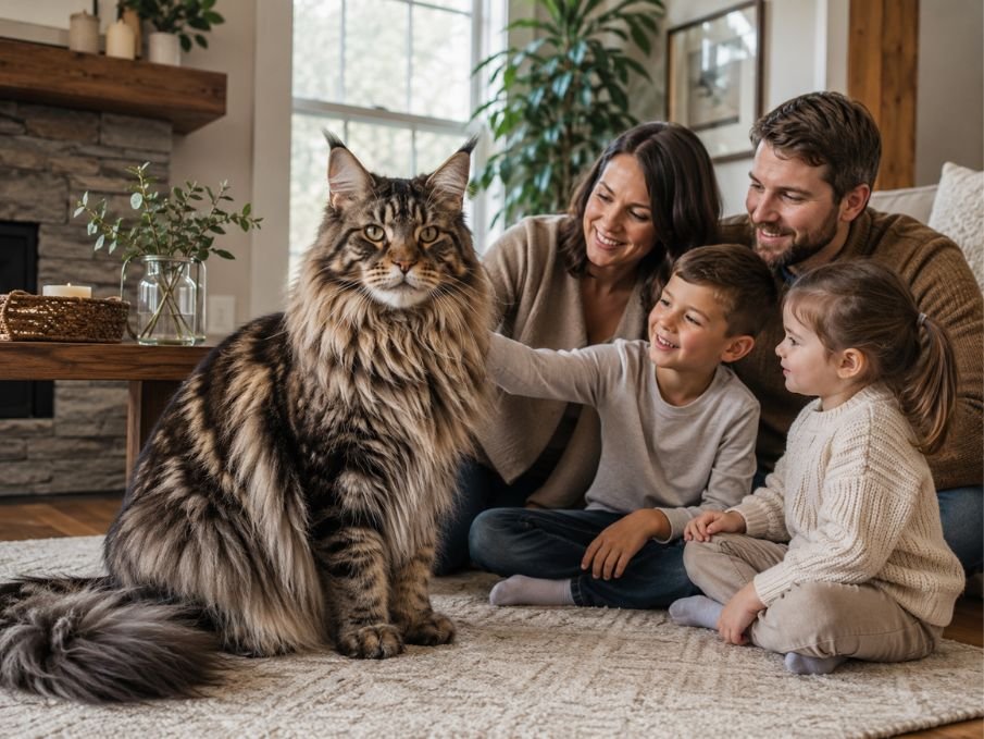 Large Maine Coon sitting indoors with a family