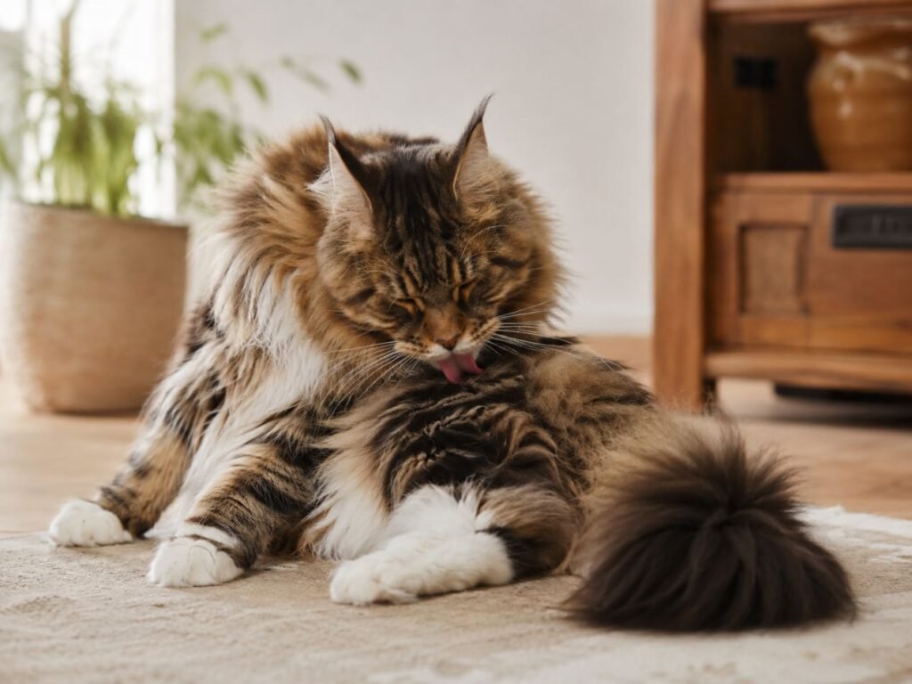 Maine Coon cat grooming itself