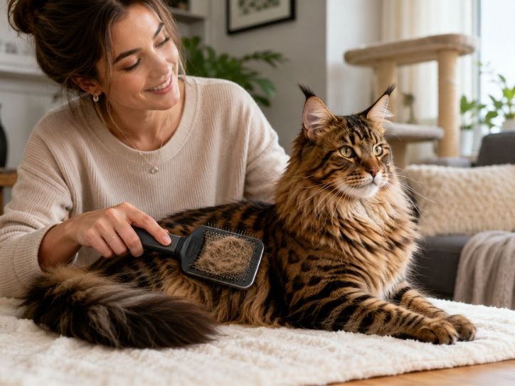 Owner brushing a Maine Coon Bengal Mix