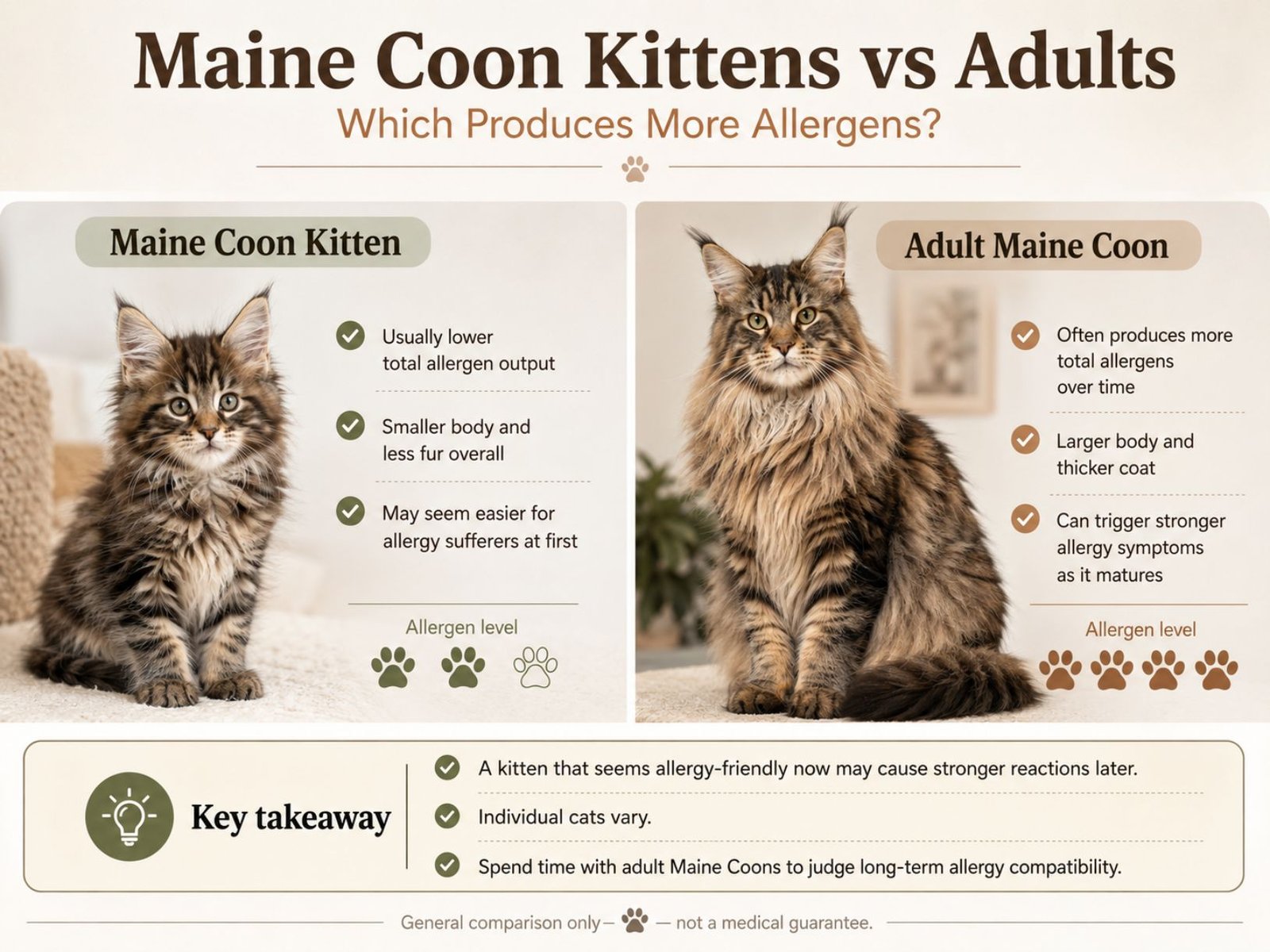 Side by side Maine Coon kitten and adult Maine Coon