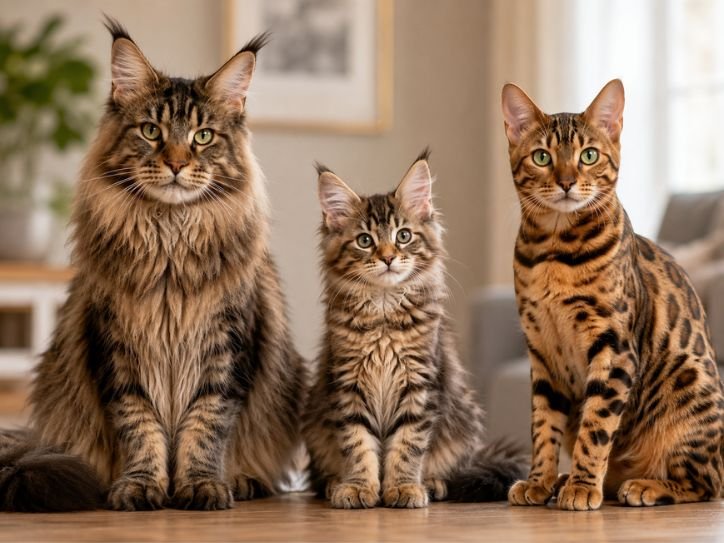 Side-by-side comparison of a Maine Coon, Bengal, and hybrid kitten