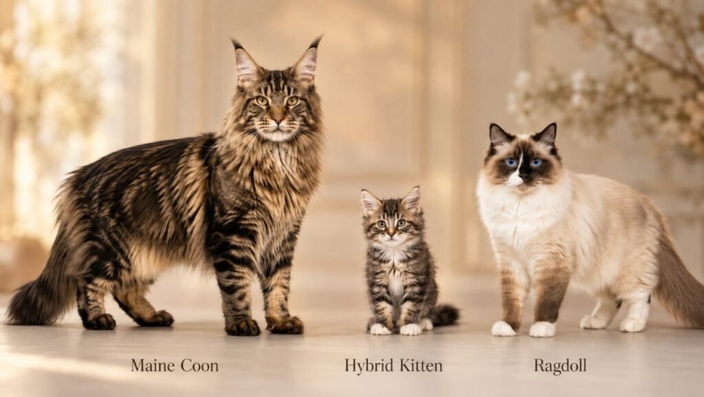 Side-by-side visual comparison of Maine Coon, Ragdoll, and a hybrid kitten in the centre