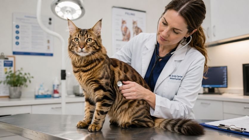 Veterinary examination of a healthy hybrid cat