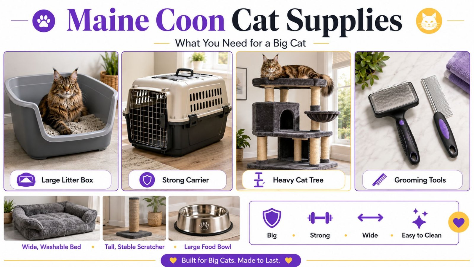 collage of large litter box, carrier, cat tree, and grooming tools