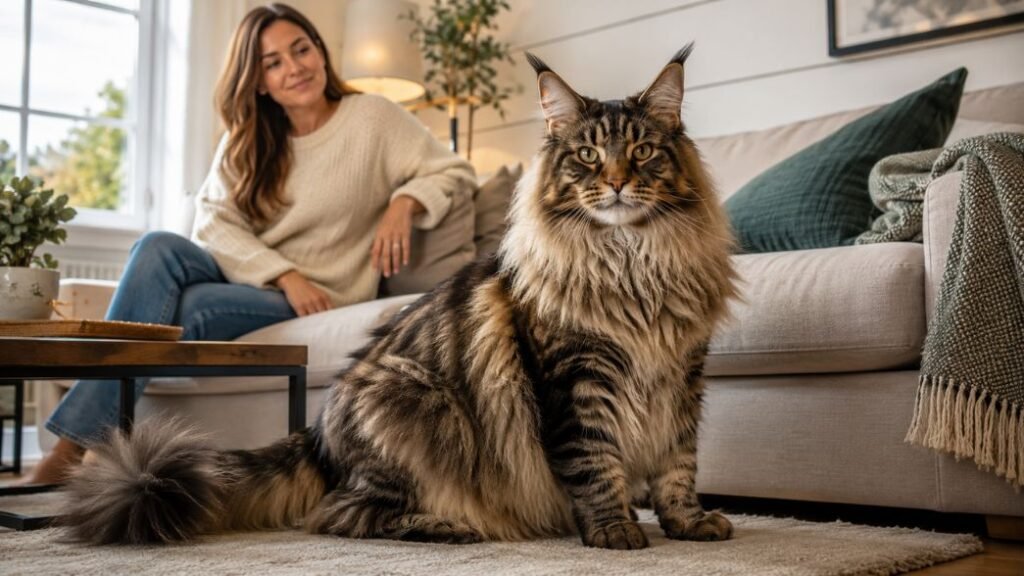 full-grown Maine Coon beside a person or couch