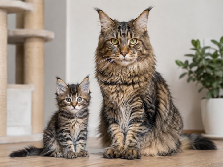 8-week-old Maine Coon Tabby Mix kitten beside an adult cat (1)