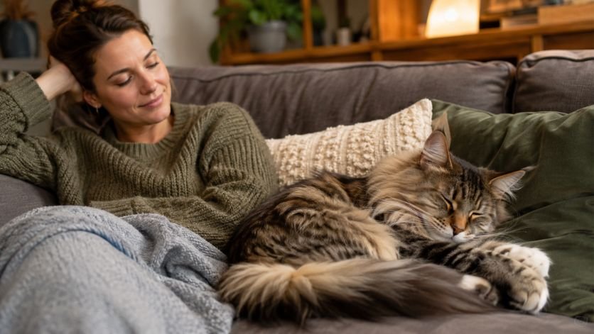 A hybrid cat sleeping beside owner on a sofa