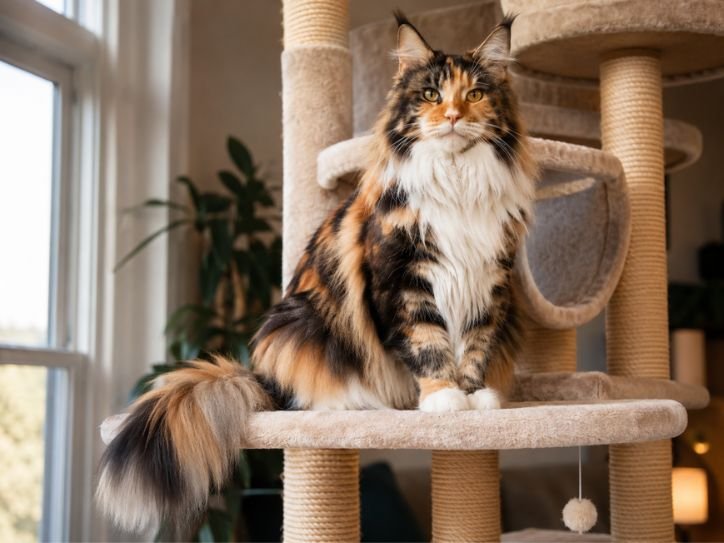 Adult Maine Coon Calico Mix sitting proudly on a large cat tree