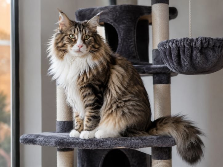 Adult Maine Coon Norwegian Forest Cat Mix sitting on a large cat tree