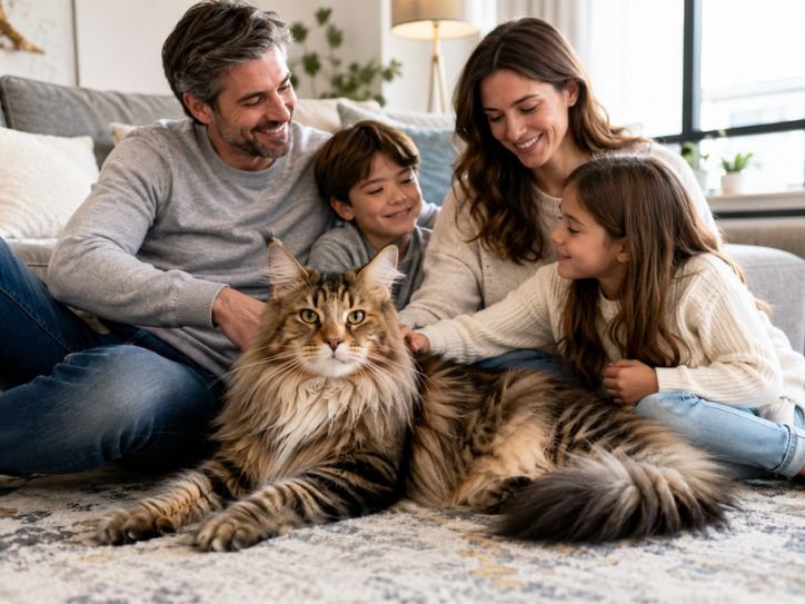 Adult Maine Coon Siberian Mix relaxing comfortably beside family members in a modern living room