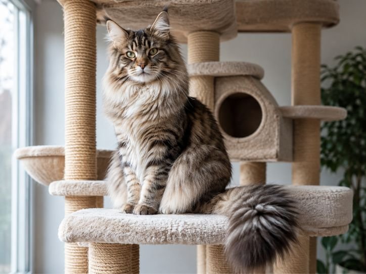 Adult Maine Coon Siberian Mix sitting proudly on a large cat tree