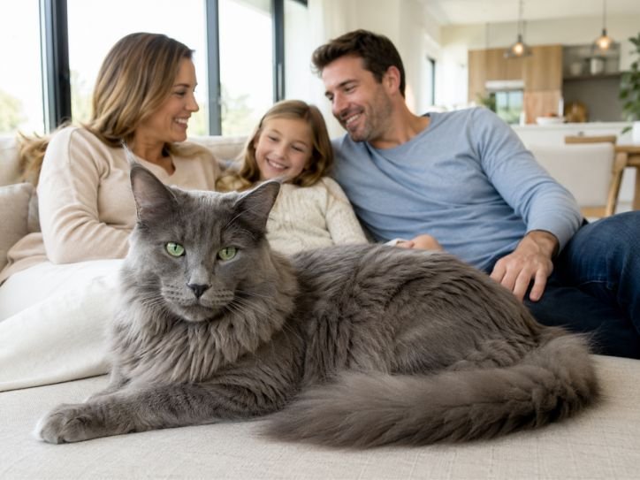 Adult Russian Blue Maine Coon Mix relaxing comfortably beside its family in a bright modern living room