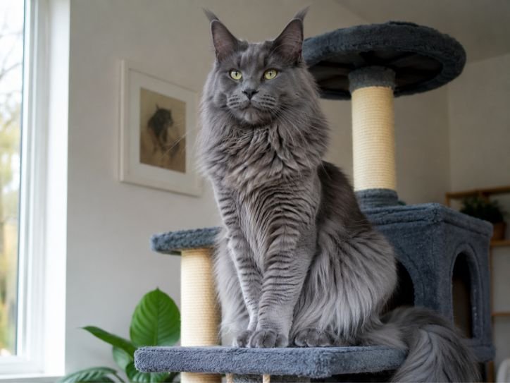Adult Russian Blue Maine Coon Mix sitting proudly on a large cat tree with its silver-blue coat glowing in natural light