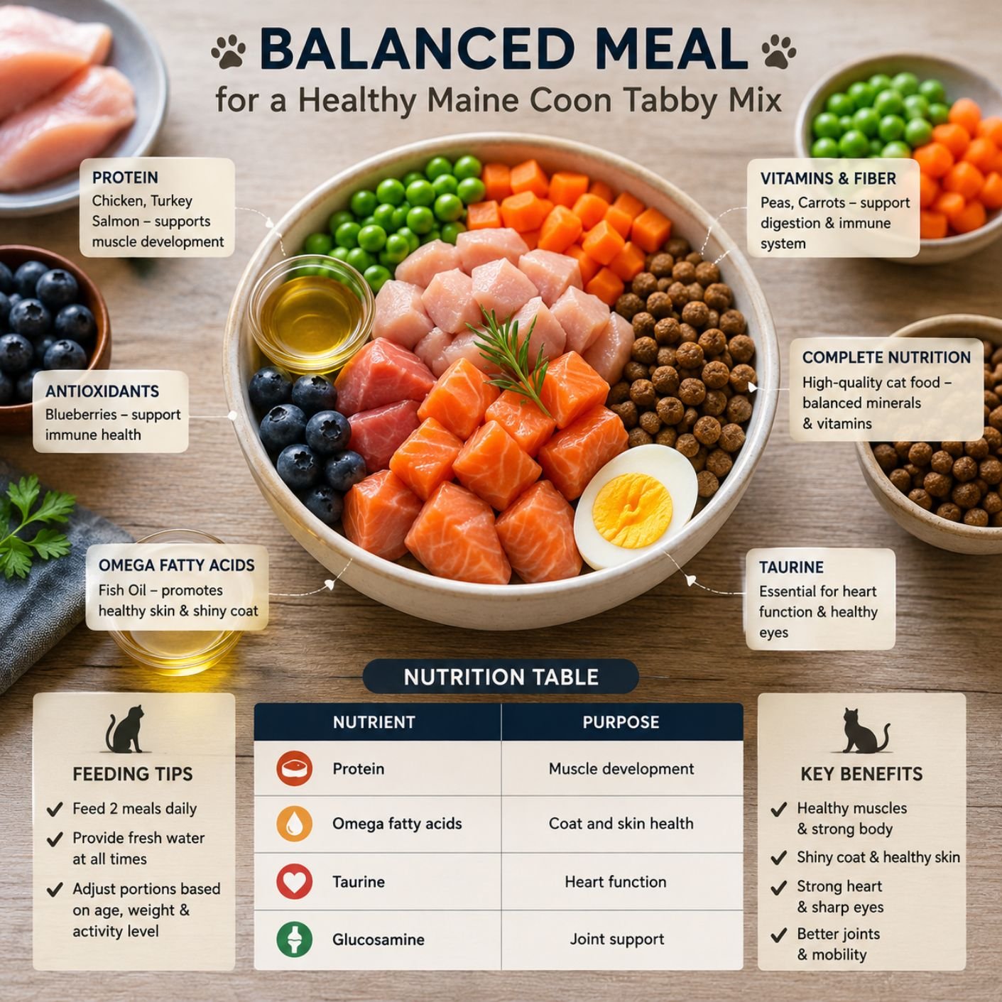 Balanced cat meal bowl with visible healthy ingredients