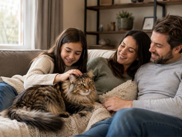 Cat interacting gently with children or resting beside a family on a couch