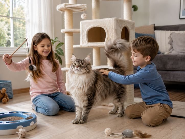 Cat playing safely with children near a climbing tower