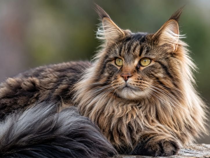 Close-up photograph showing ear tufts, fluffy tail, and thick coat texture