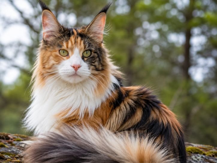 Close-up showing calico markings, ear tufts, and fluffy tail