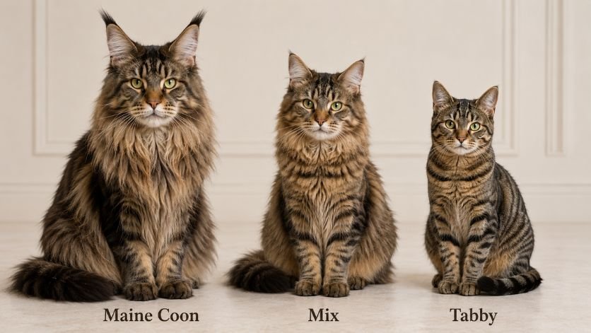 Comparison image showing Maine Coon, Tabby, and their mix in similar lighting