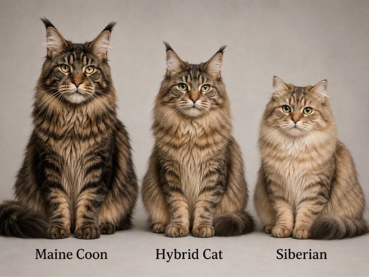 Comparison of Maine Coon on Left, Siberian and Right, and hybrid cat in middle