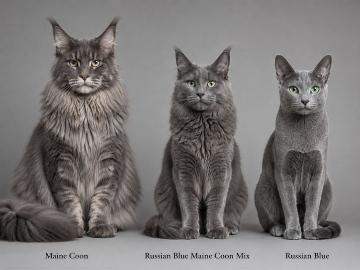 Comparison of a Russian Blue on Right, a Maine Coon on Left, and a Russian Blue Maine Coon Mix in Middle