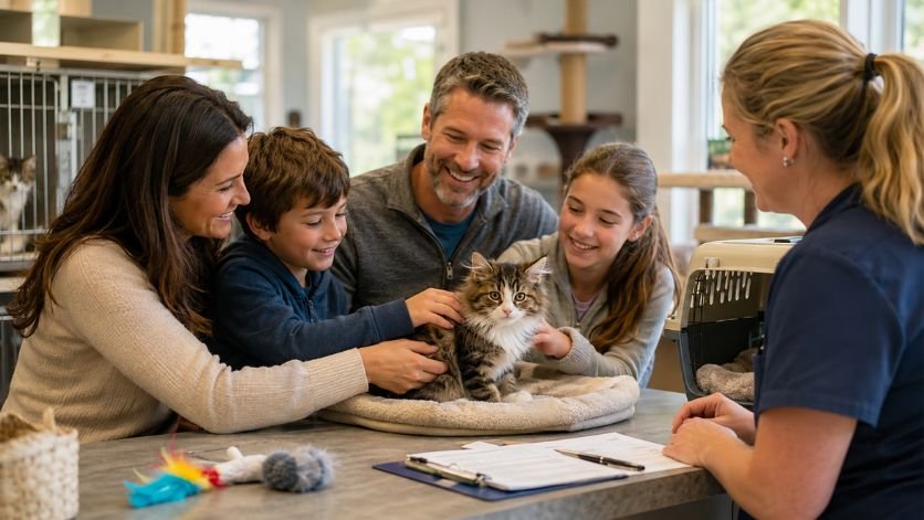 Family adopting a kitten from an animal rescue centre