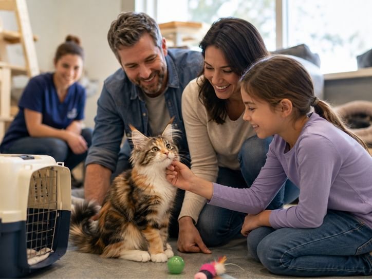 Family meeting a Maine Coon Calico Mix kitten at an adoption center