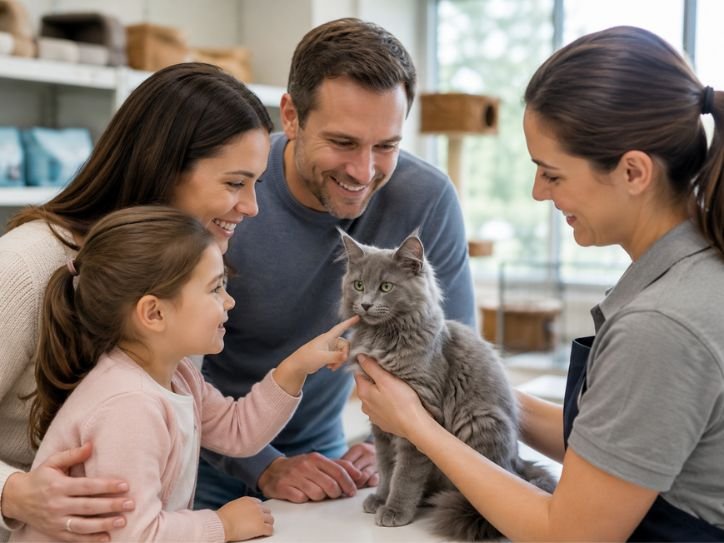 Family meeting a Russian Blue Maine Coon Mix kitten at a reputable breeder or adoption centre