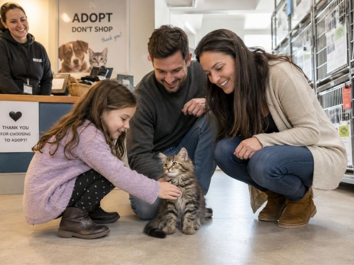 Family meeting a kitten at an animal adoption centre