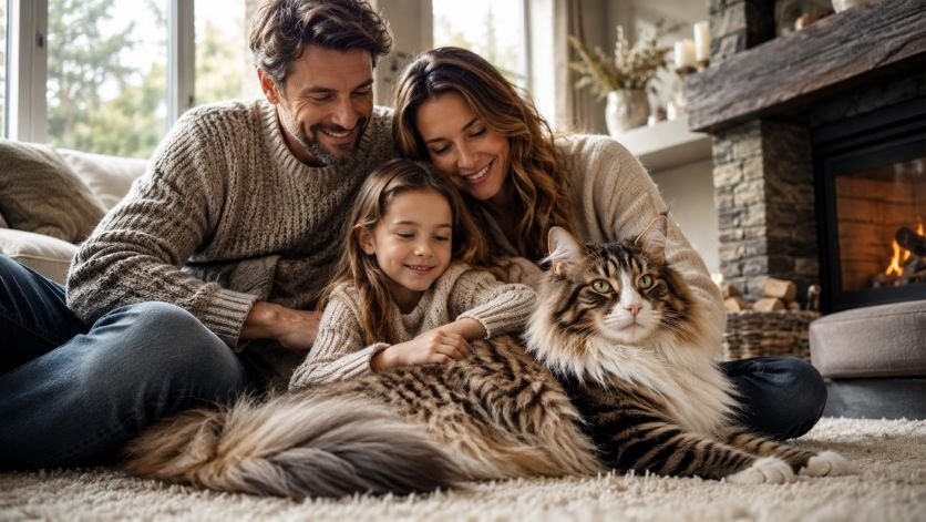 Fully grown Maine Coon Norwegian Forest Cat Mix relaxing beside its family near a fireplace or large window